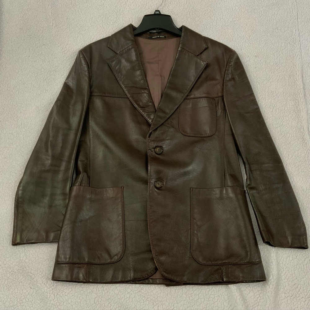INDUYCO Vintage 70s Super Fly Leather Suit Coat 2 Button Jacket Sz 42 Made Spain